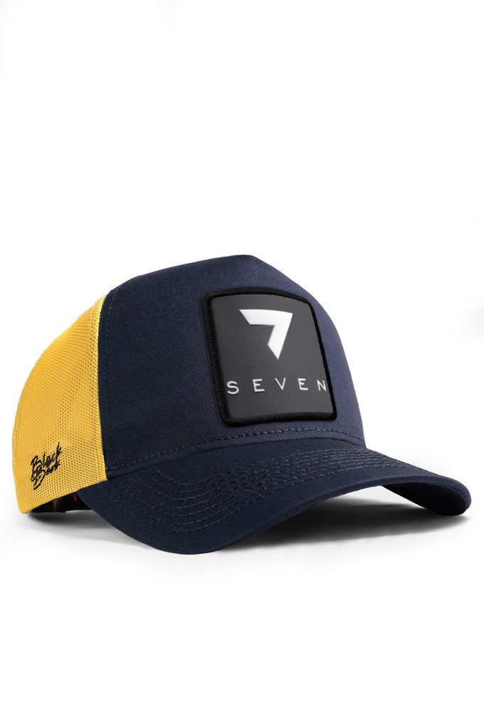 7-numara-logolu-koyu-lacivert-sari-trucker-sapka-2458 - BlackBörk TR