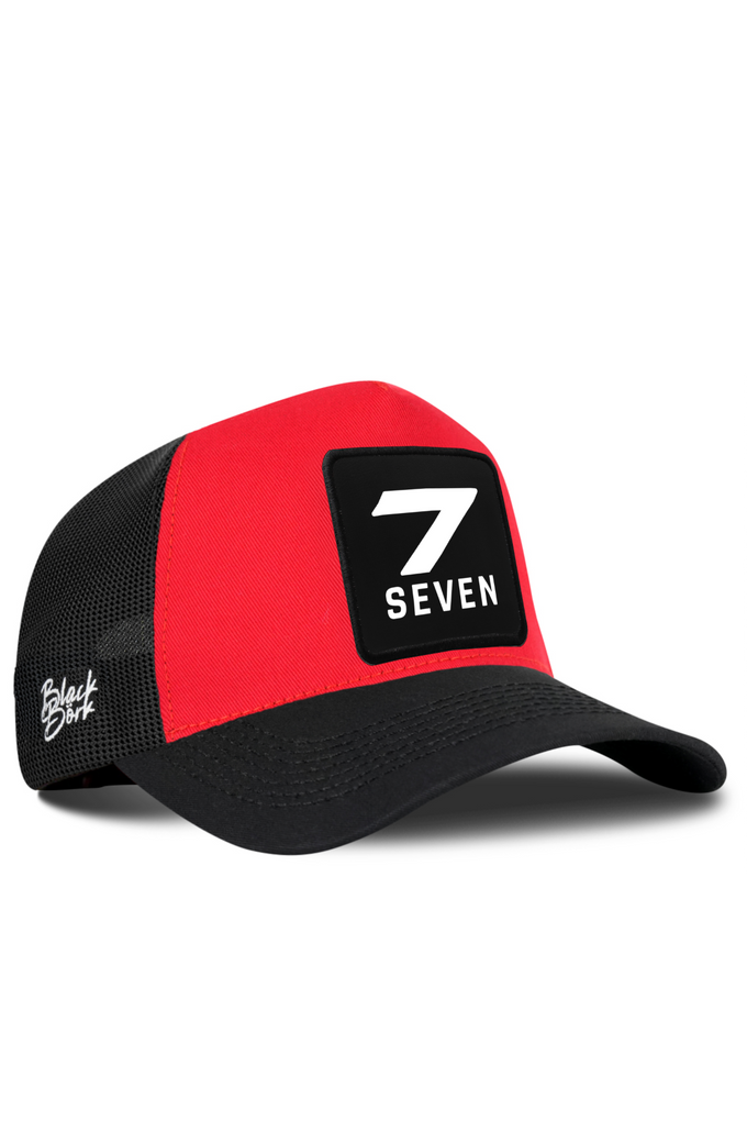 7 Numara Logolu Siyah-Kırmızı Trucker Şapka