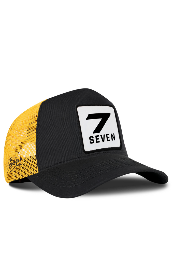 7 Numara Logolu Siyah-Sarı Trucker Şapka