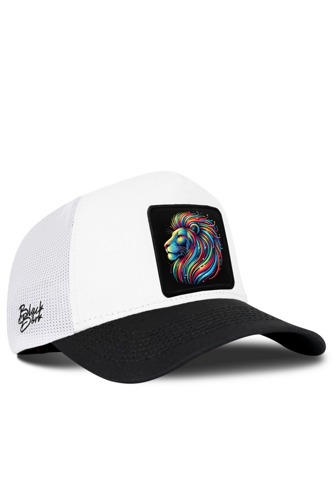 Black and White Trucker Cap with Lion Logo