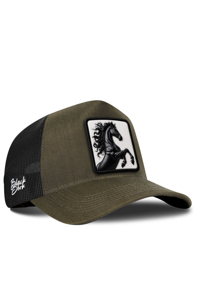 At Logolu Cordura Haki-Siyah Trucker Şapka