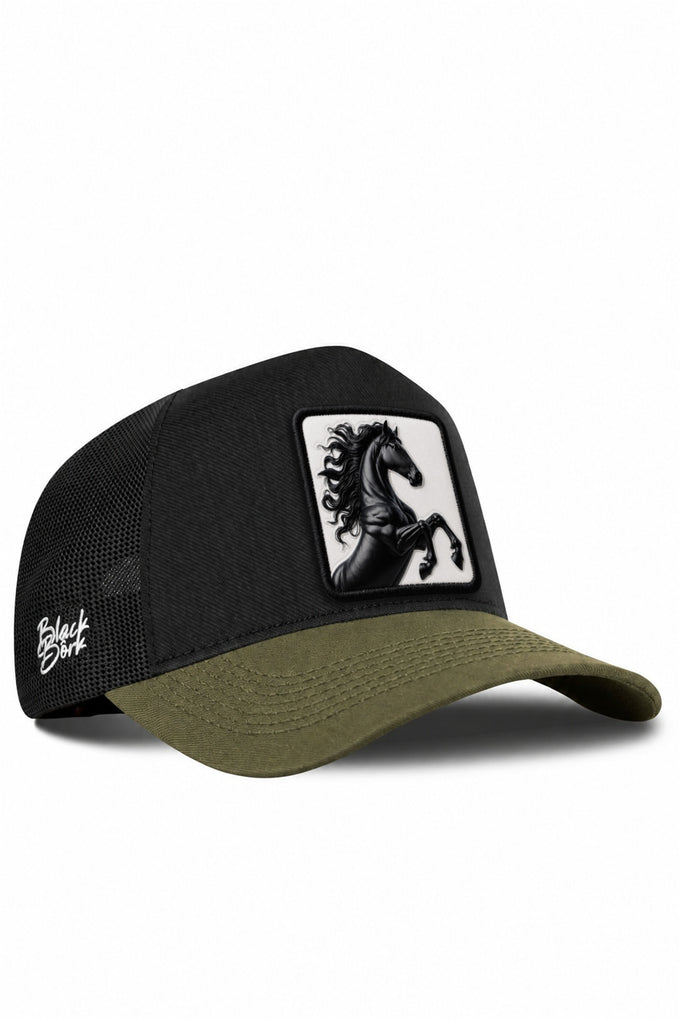 At Logolu Cordura Haki-Siyah Trucker Şapka