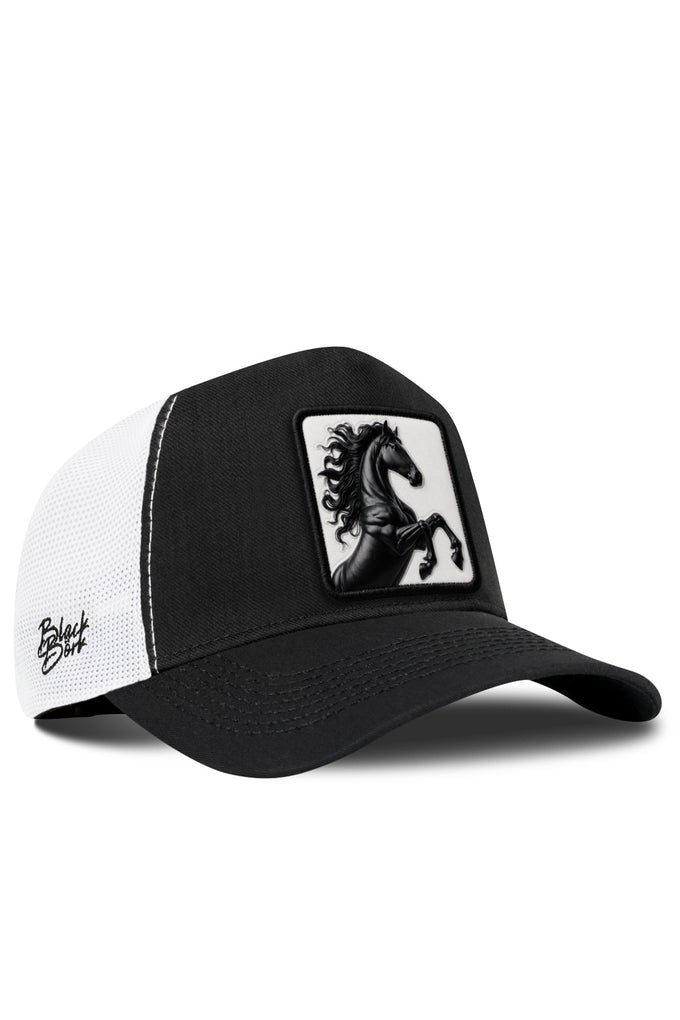 Horse Logo Cordura Black and White Trucker Cap