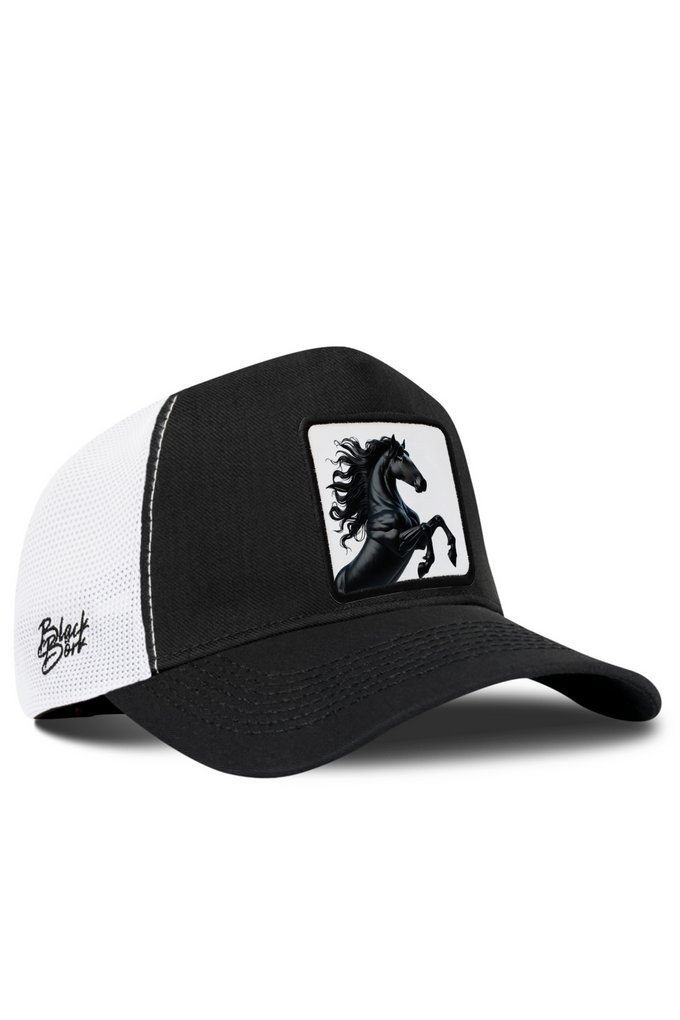 Horse Logo Cordura Black and White Trucker Cap