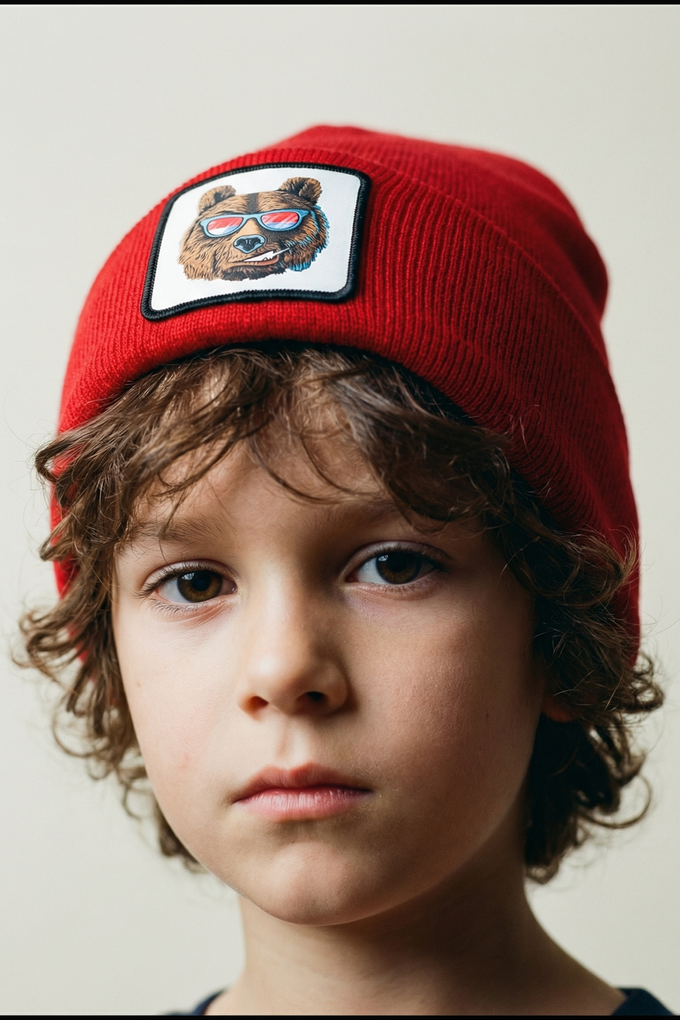 Red Kids' Beanie with Bear Logo