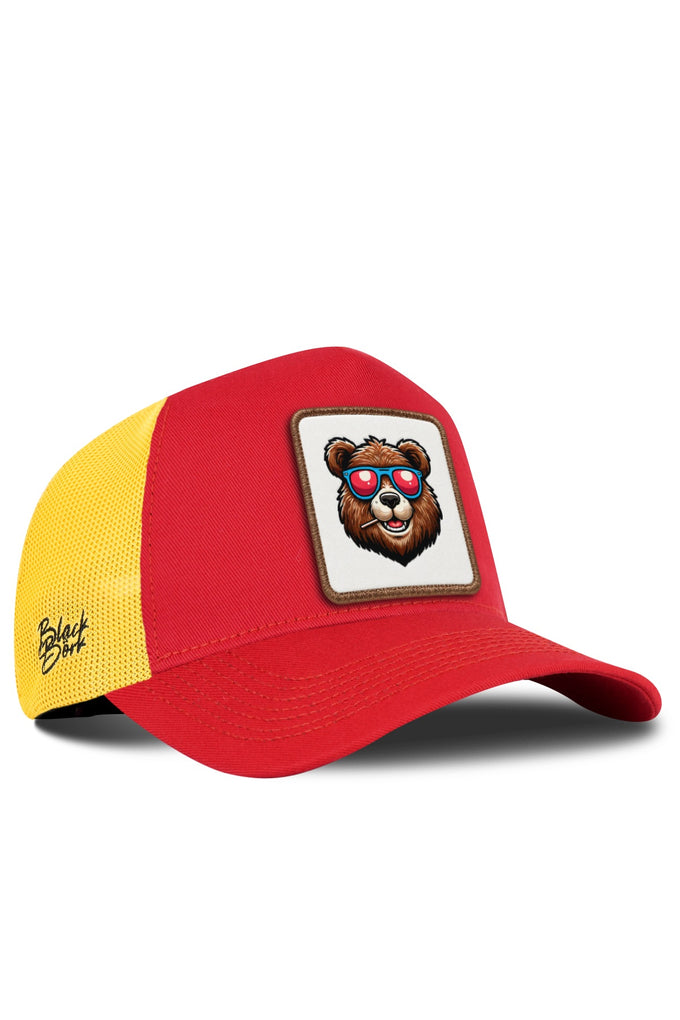 Red and Yellow Trucker Cap with Bear Logo