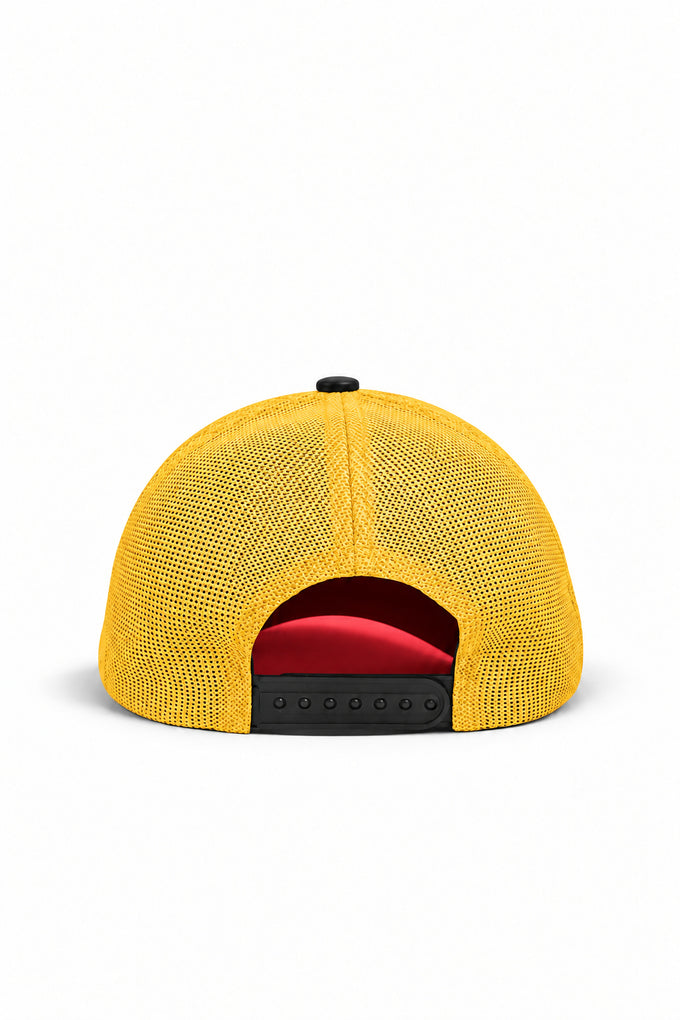 Red and Yellow Trucker Cap with Bear Logo