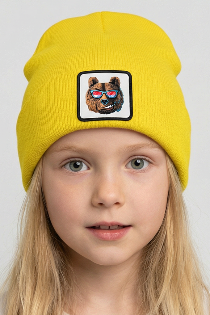 Yellow Kids' Beanie with Bear Logo