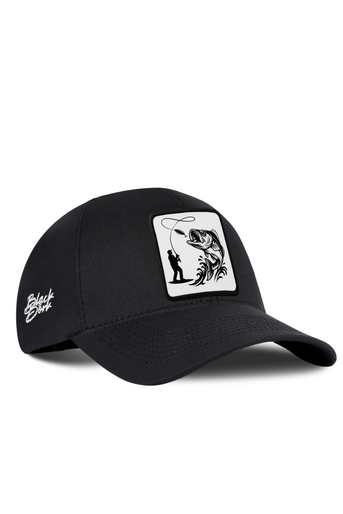 Black Six Panel Baseball Cap with Fisherman Logo
