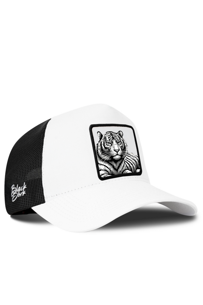 White and Black Trucker Cap with Bengal Tiger Logo