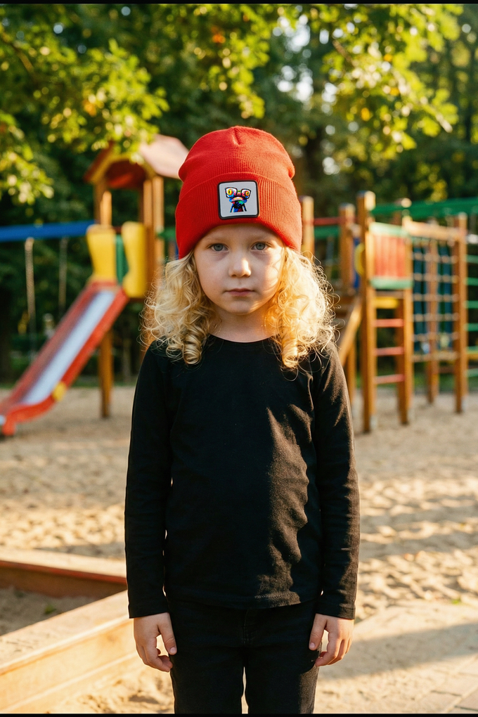 Red Kids' Beanie with Chameleon Logo