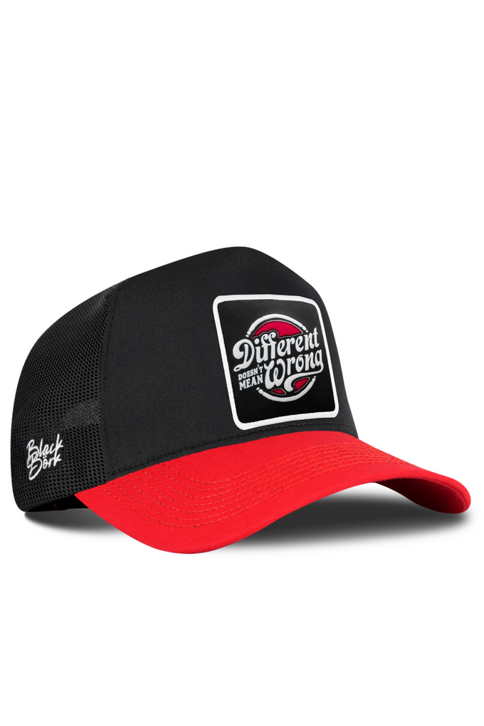 Red-Black Trucker Cap with Different Wrong Logo
