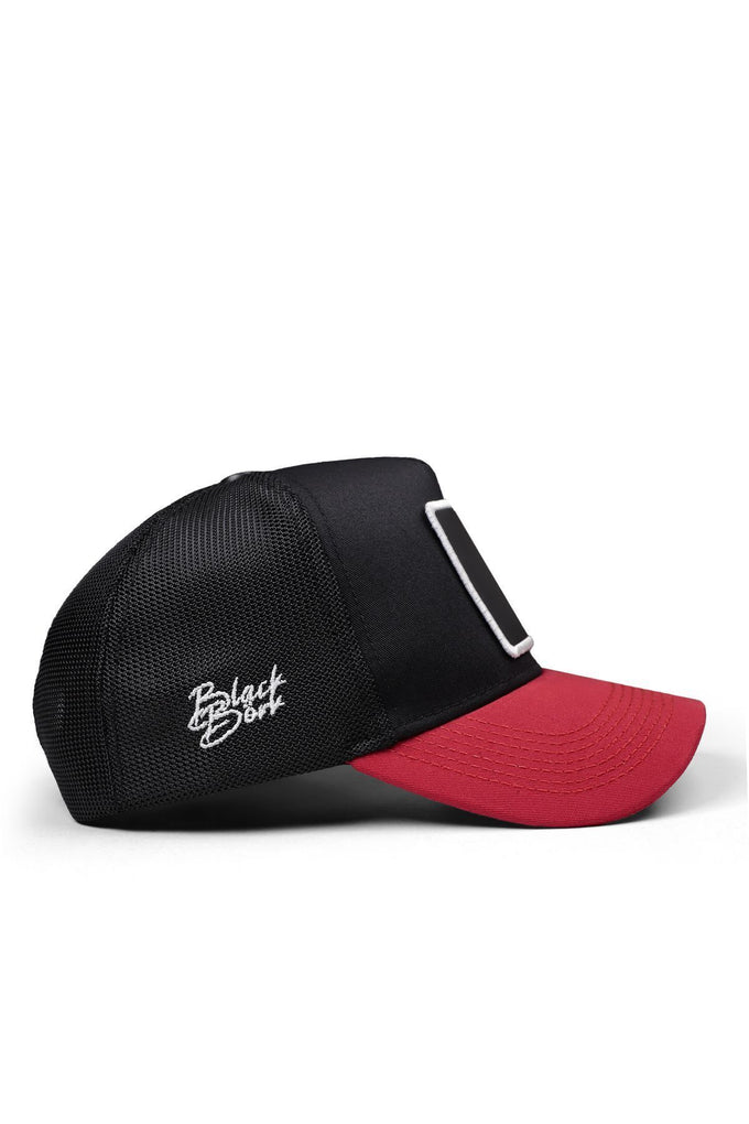 Red-Black Trucker Cap with Different Wrong Logo