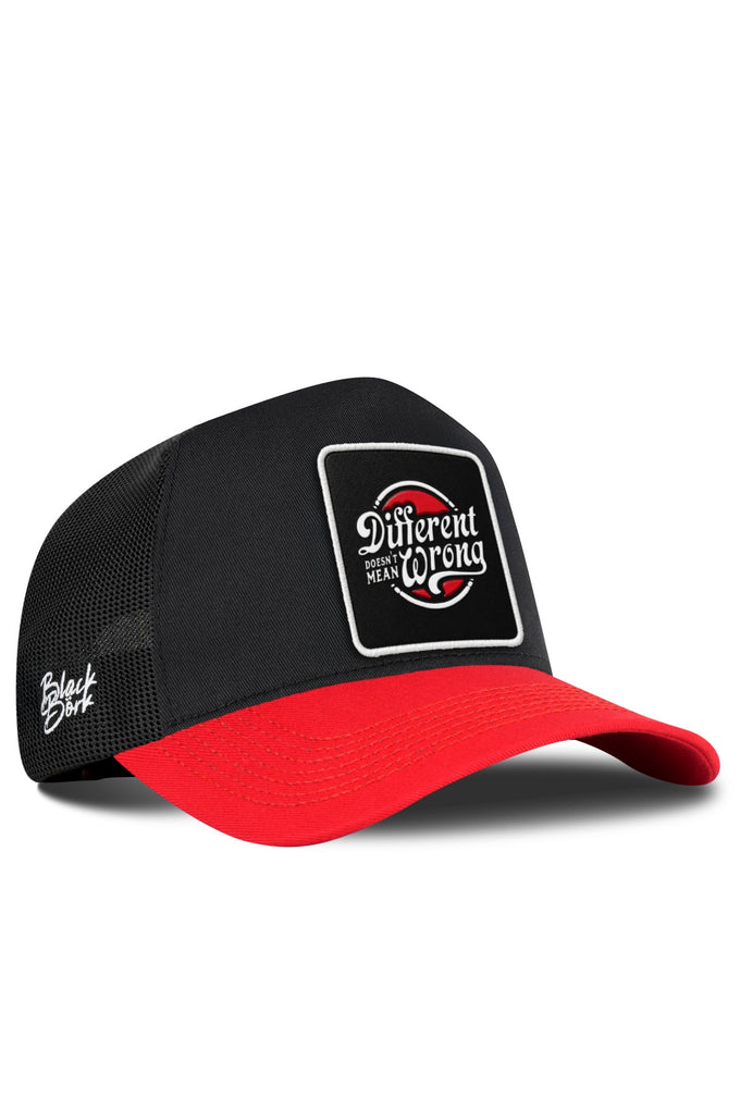 Red-Black Trucker Cap with Different Wrong Logo