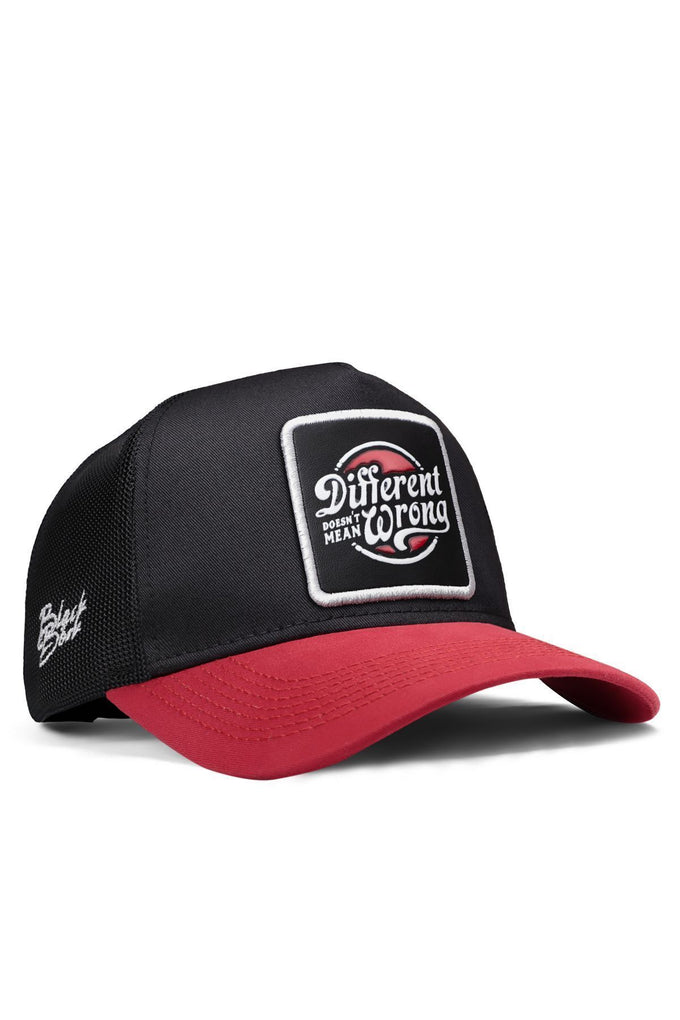 Red-Black Trucker Cap with Different Wrong Logo