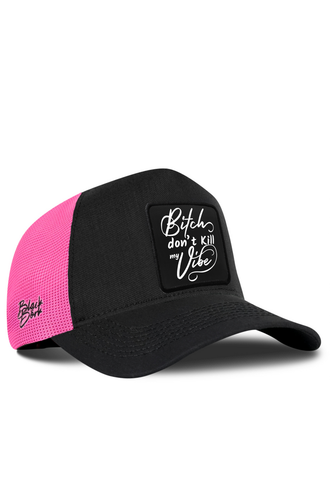 Don't Kill My Vibe Logo Cordura Black and Pink Trucker Cap