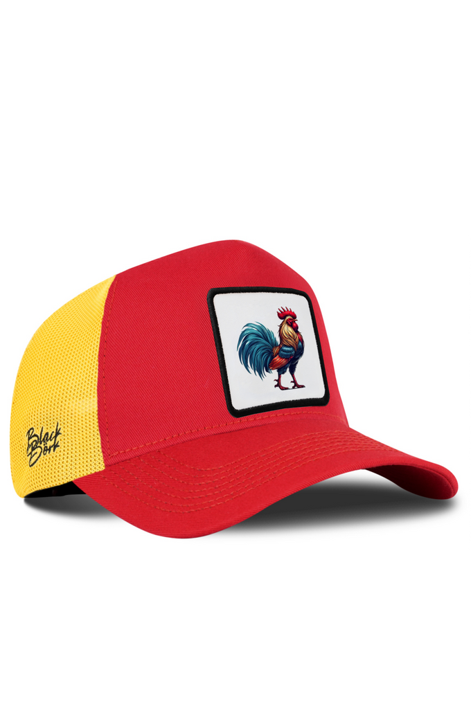 Red and Yellow Trucker Cap with Rooster Logo