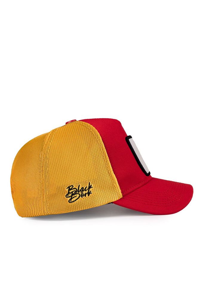 Red and Yellow Trucker Cap with Rooster Logo