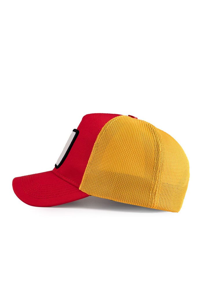 Red and Yellow Trucker Cap with Rooster Logo