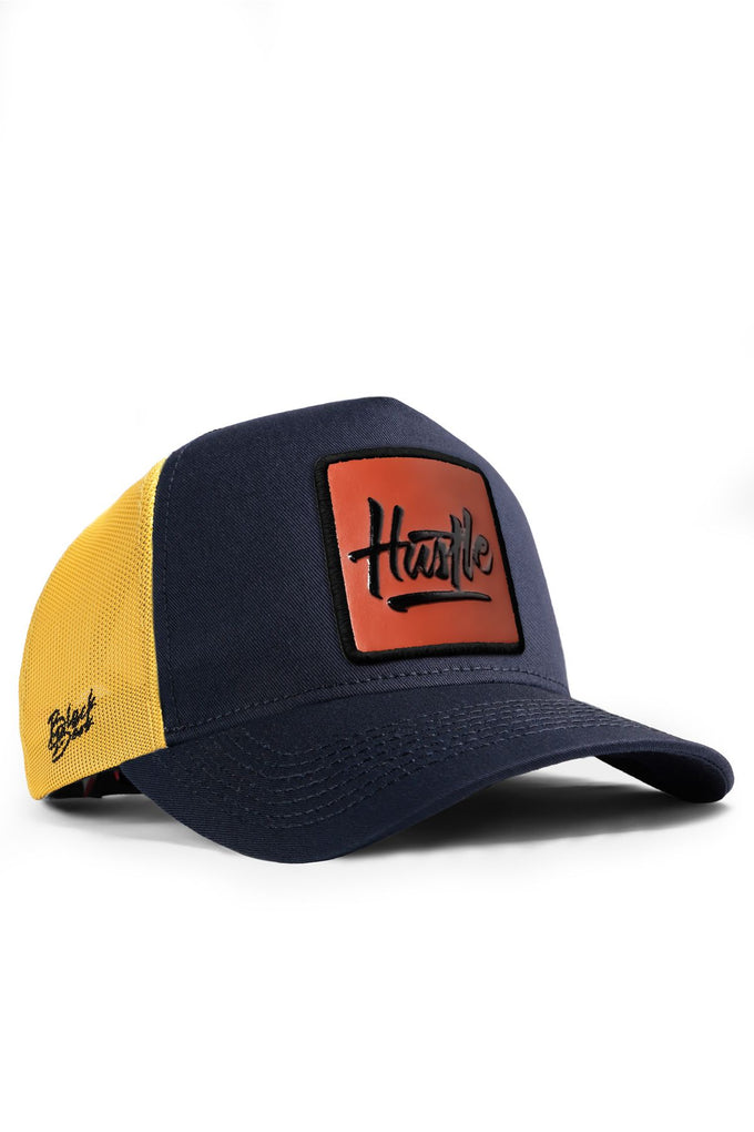 hustle-logolu-koyu-lacivert-sari-trucker-sapka-2473 - BlackBörk TR