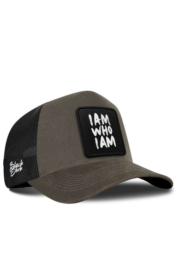Khaki-Black Trucker Cap with I Am Who I Am Logo
