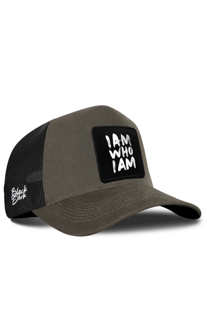 Khaki-Black Trucker Cap with I Am Who I Am Logo