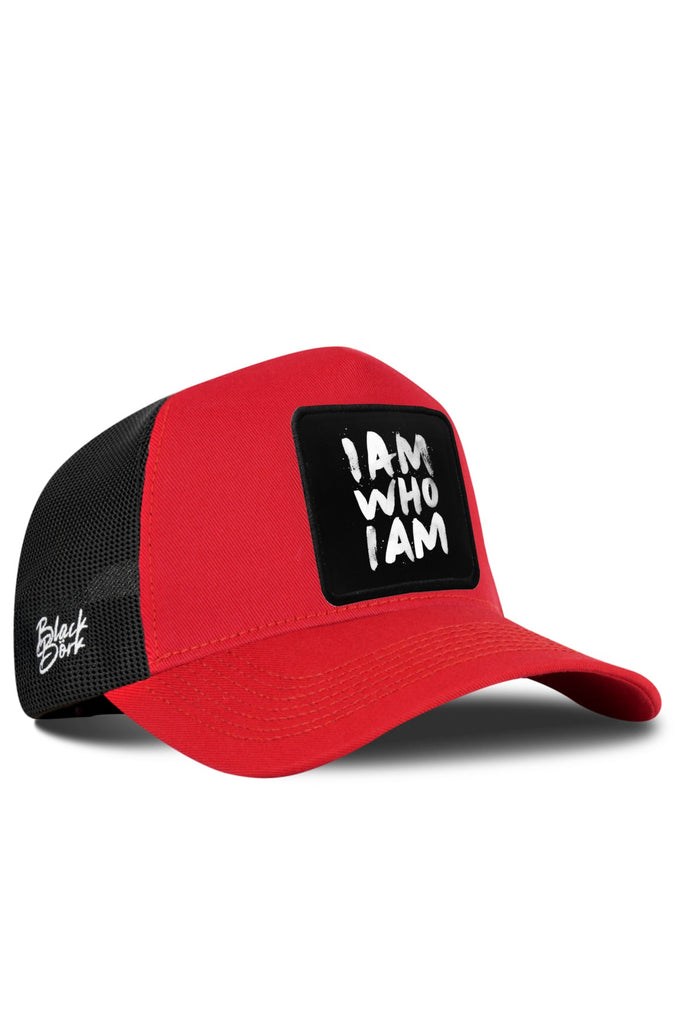 I am Who I am Logolu Kırmızı-Siyah Trucker Şapka