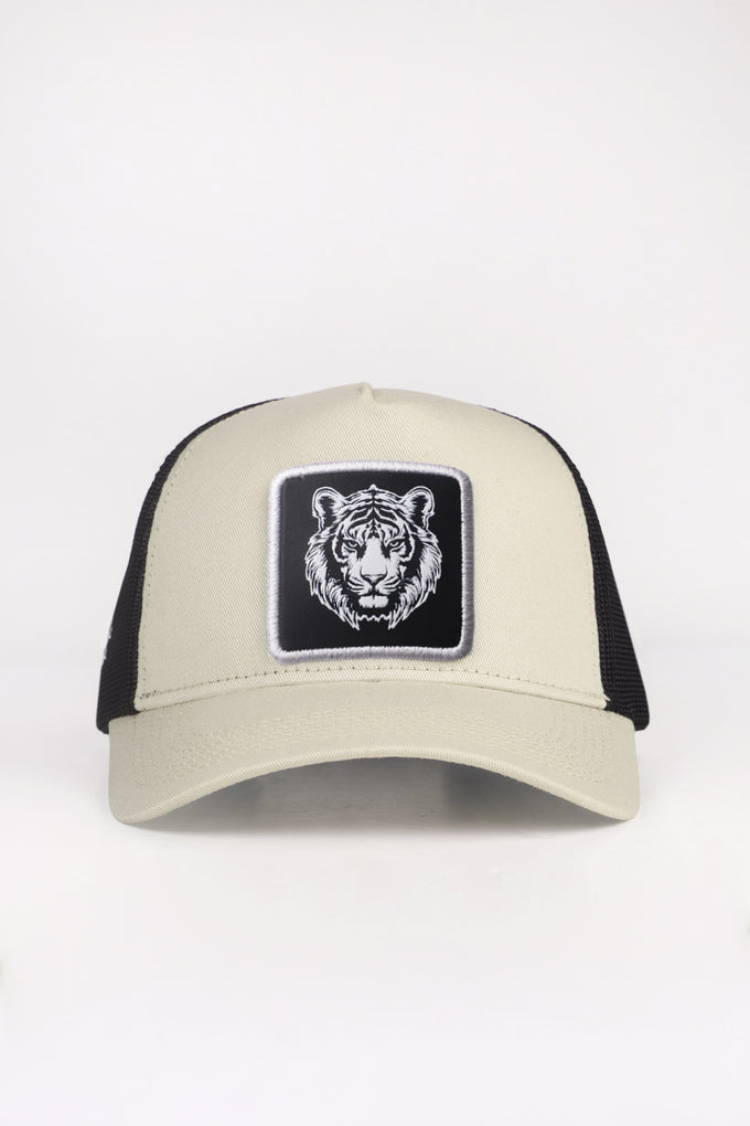 Kaplan Logolu Bej-Siyah Trucker Şapka