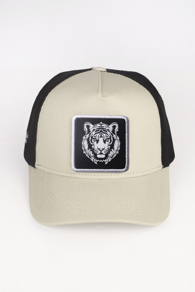 Kaplan Logolu Bej-Siyah Trucker Şapka