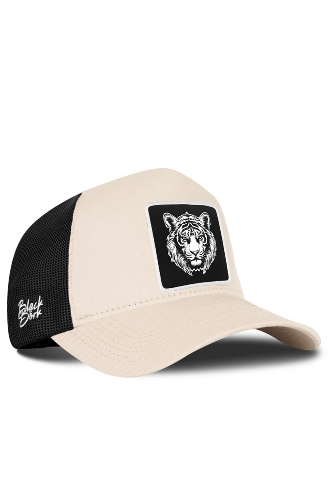 Kaplan Logolu Bej-Siyah Trucker Şapka