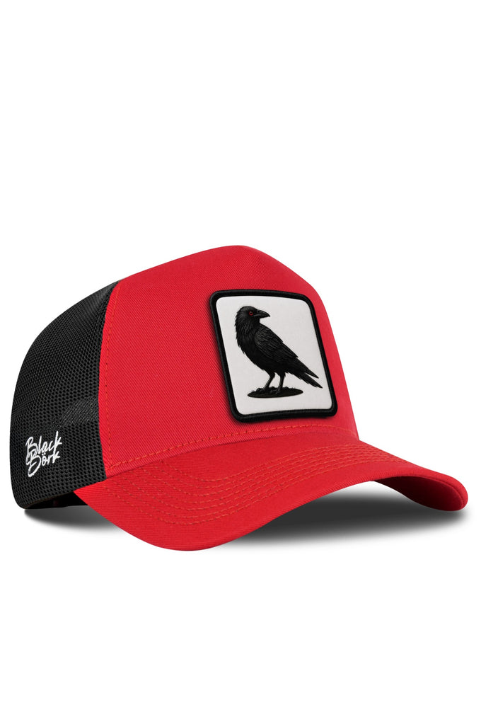 Karga Logolu Kırmızı-Siyah Trucker Şapka