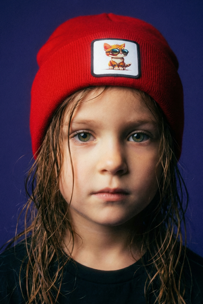 Red Kids' Beanie with Cat Logo