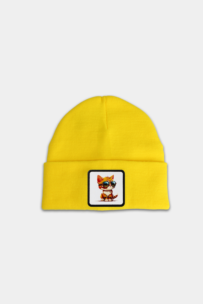 Yellow Kids' Beanie with Cat Logo