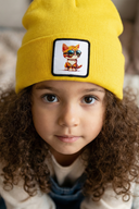 Yellow Kids' Beanie with Cat Logo