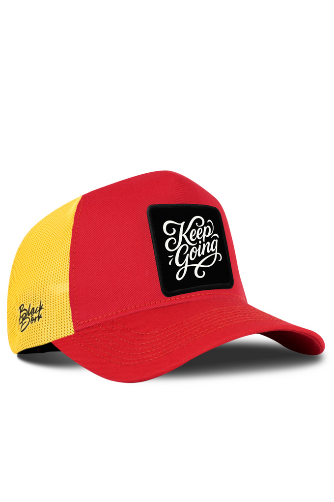 Red and Yellow Trucker Cap with Keep Going Logo
