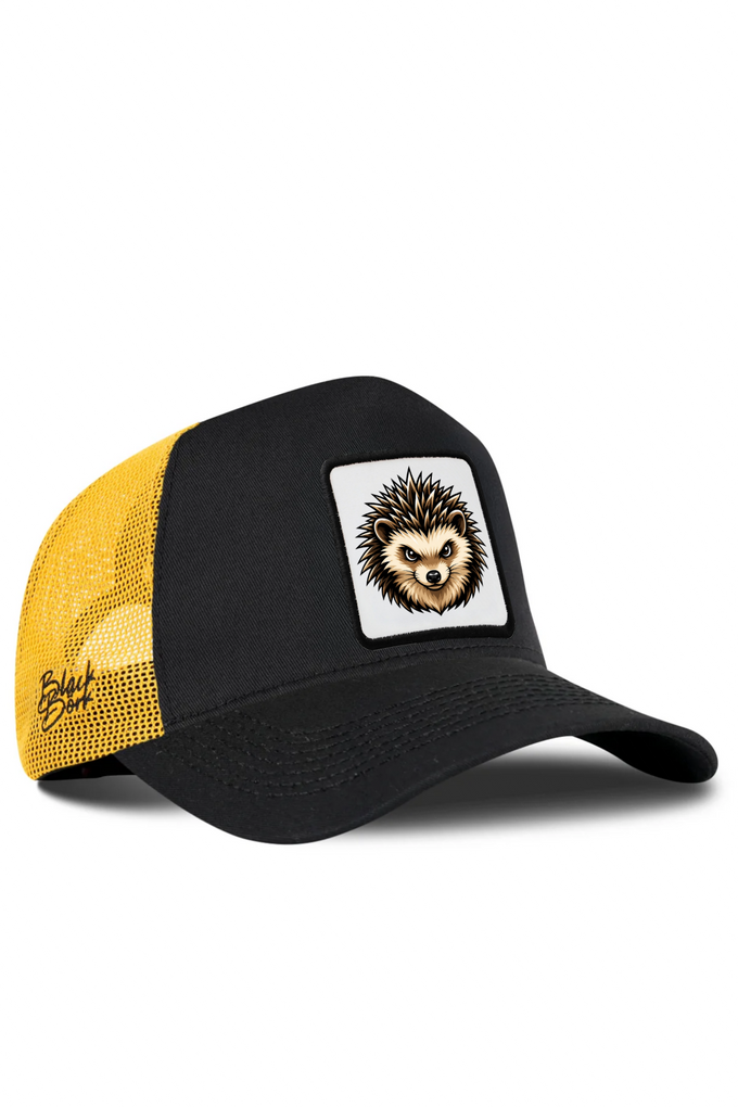 Black and Yellow Trucker Cap with Hedgehog Logo