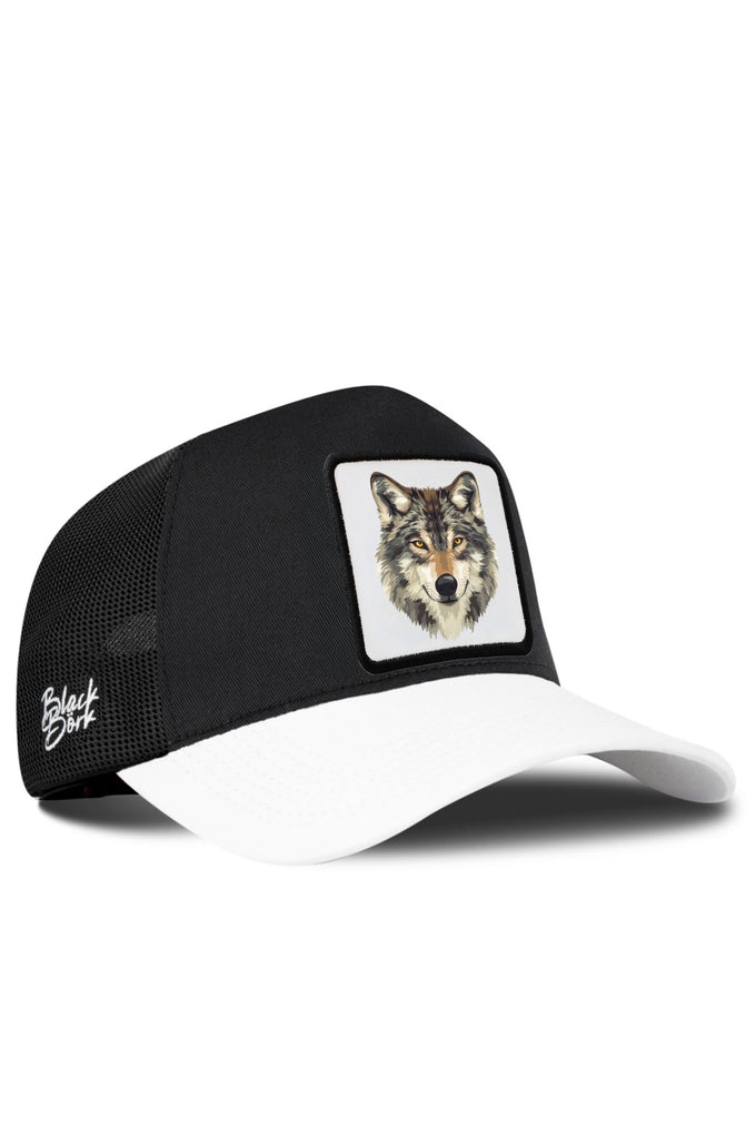 White-Black Trucker Cap with Wolf Logo