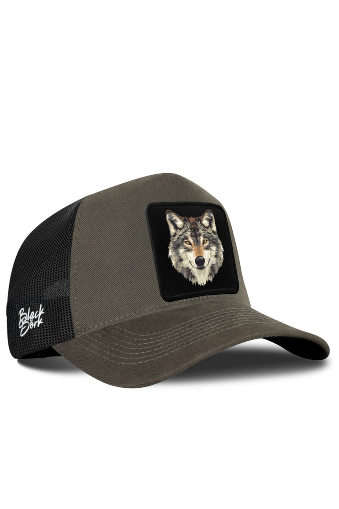 Khaki-Black Trucker Cap with Wolf Logo
