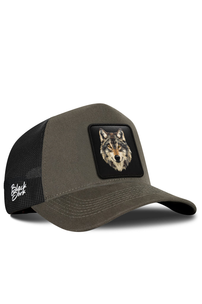 Khaki-Black Trucker Cap with Wolf Logo