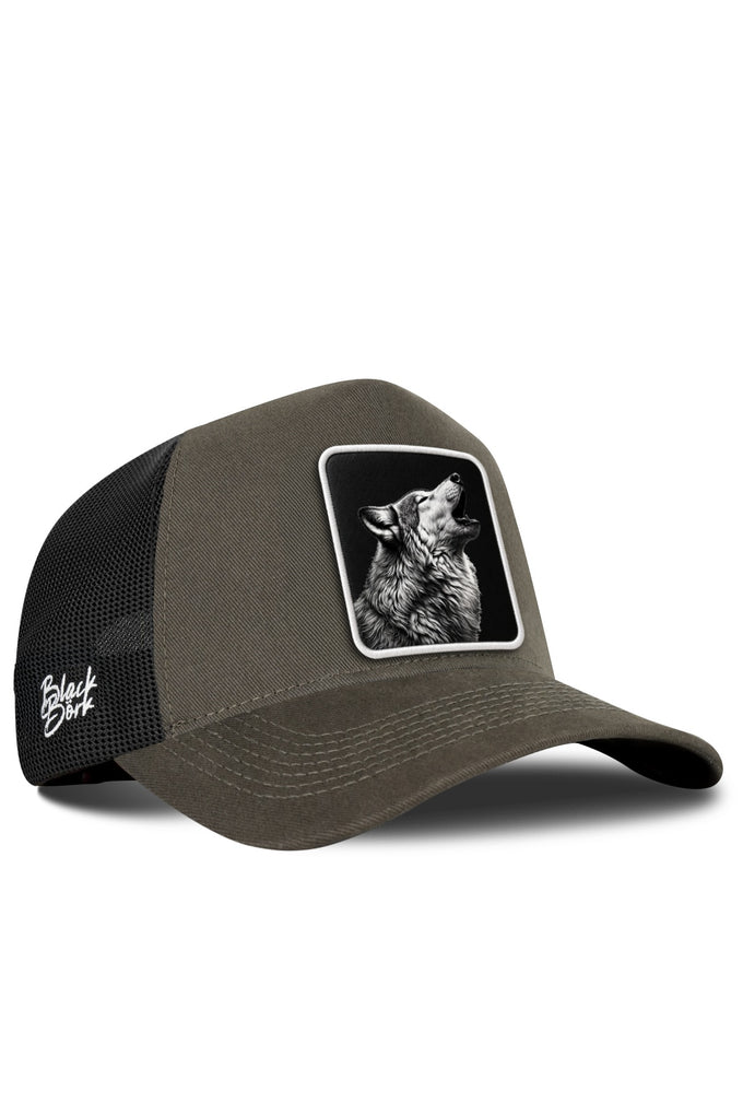 Khaki-Black Trucker Cap with Wolf Logo