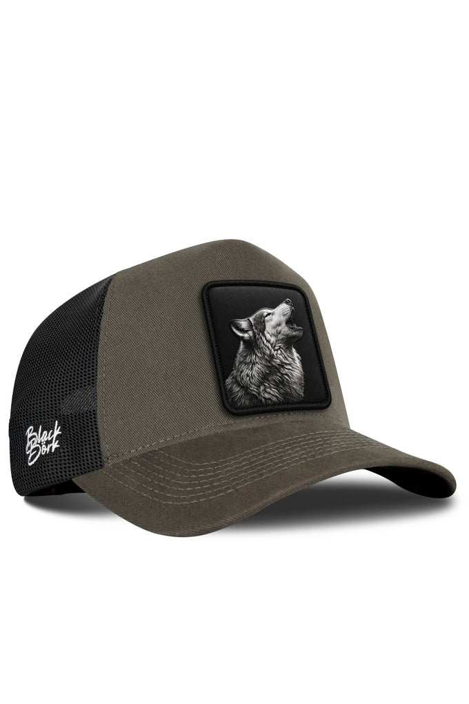 Khaki-Black Trucker Cap with Wolf Logo