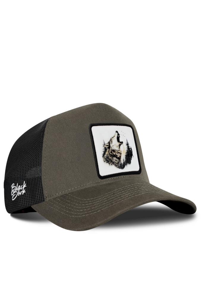 Khaki-Black Trucker Cap with Wolf Logo