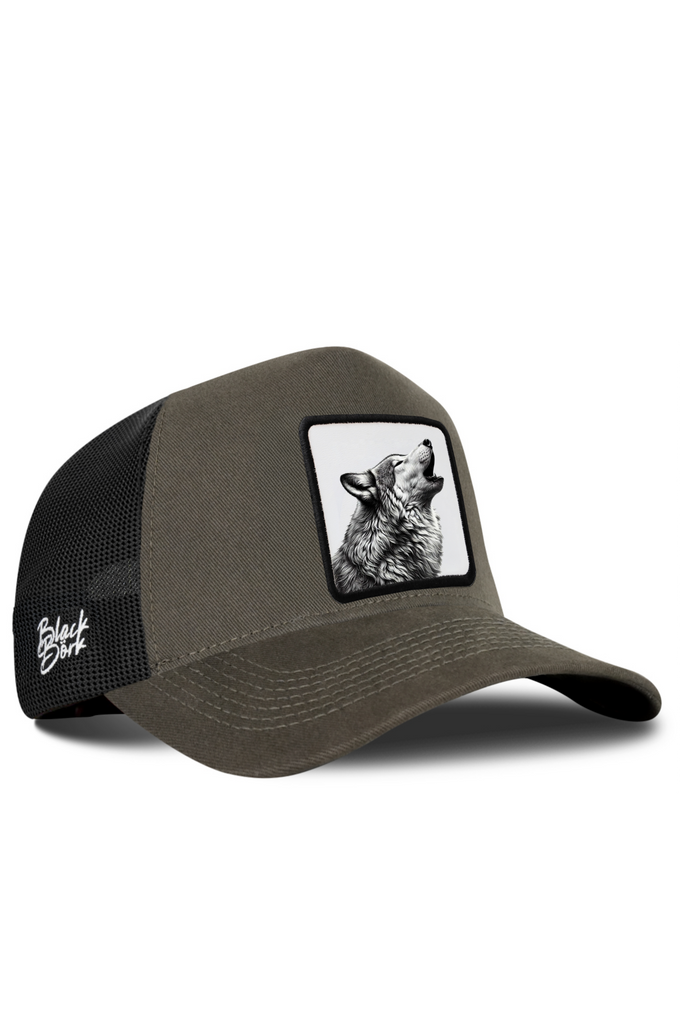 Khaki-Black Trucker Cap with Wolf Logo