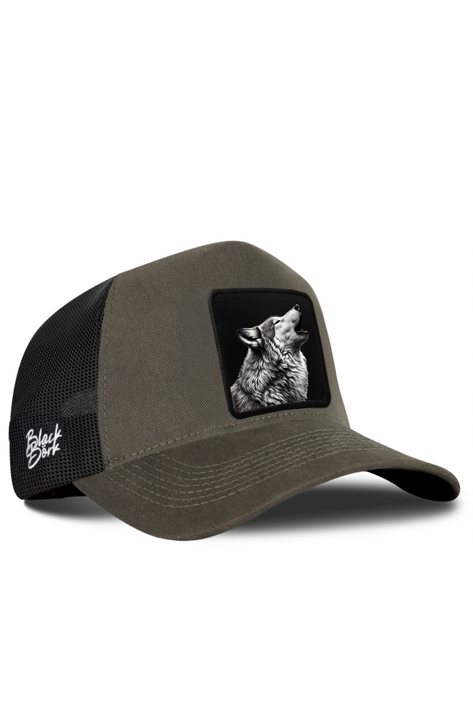 Khaki-Black Trucker Cap with Wolf Logo