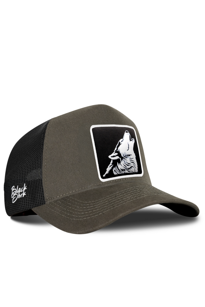 Khaki-Black Trucker Cap with Wolf Logo