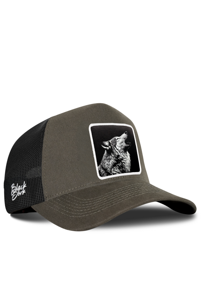 Khaki-Black Trucker Cap with Wolf Logo