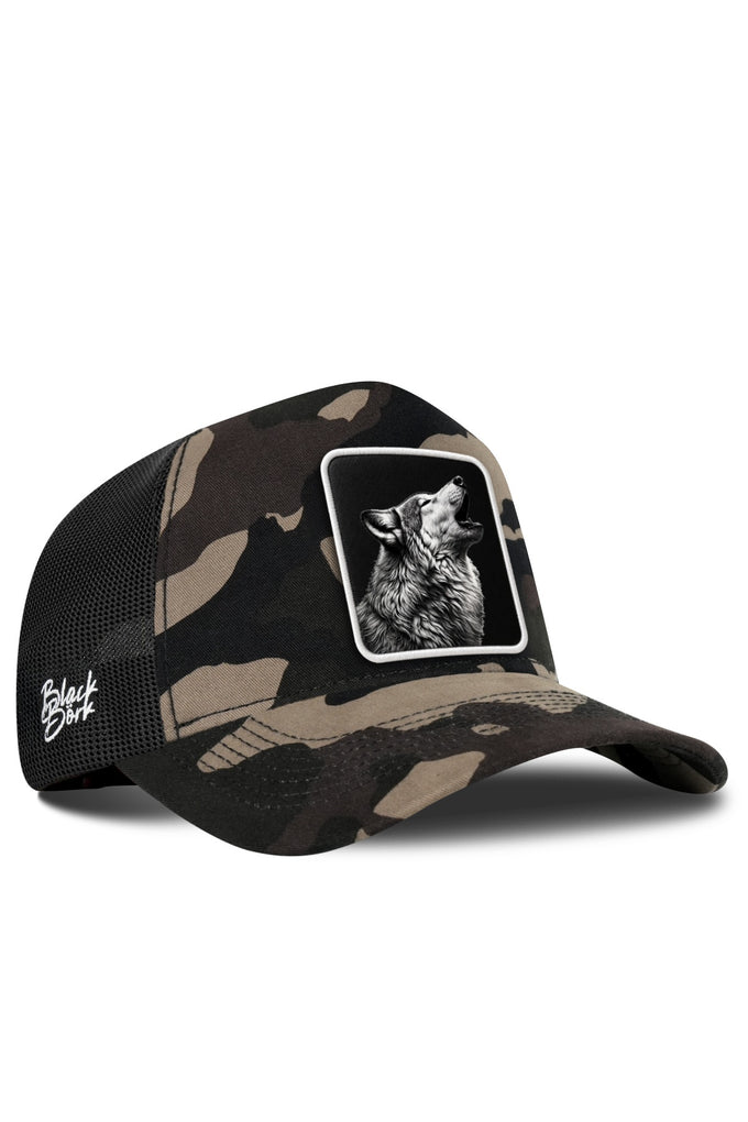 Kurt Logolu Kamuflaj-Siyah Trucker Şapka