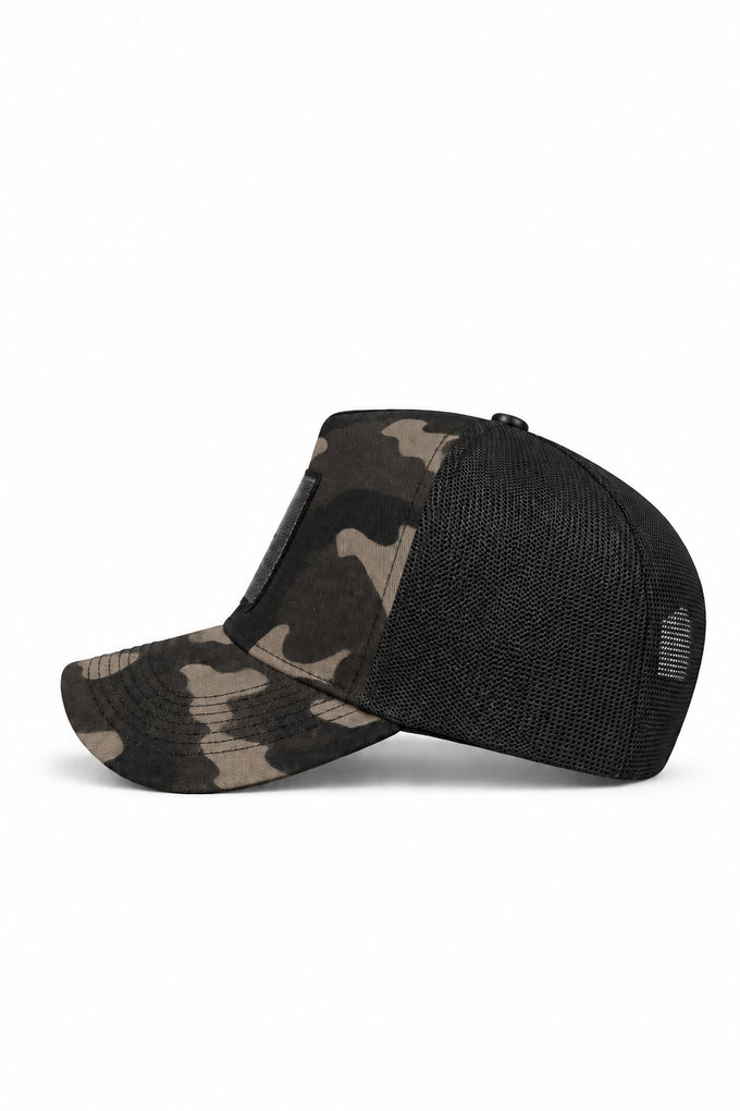 Kurt Logolu Kamuflaj-Siyah Trucker Şapka