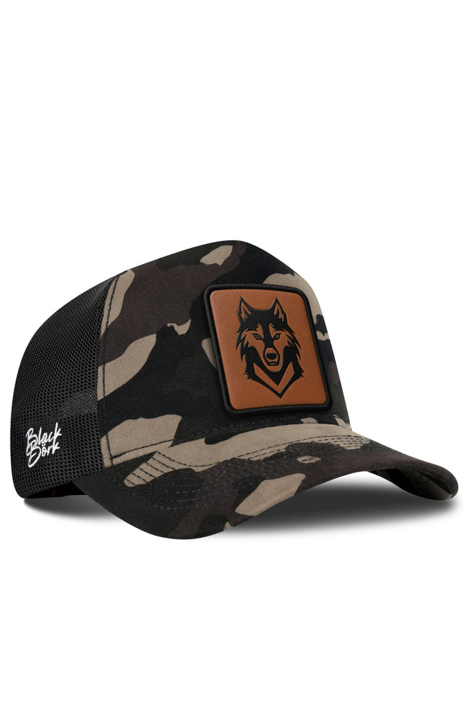 Kurt Logolu Kamuflaj-Siyah Trucker Şapka