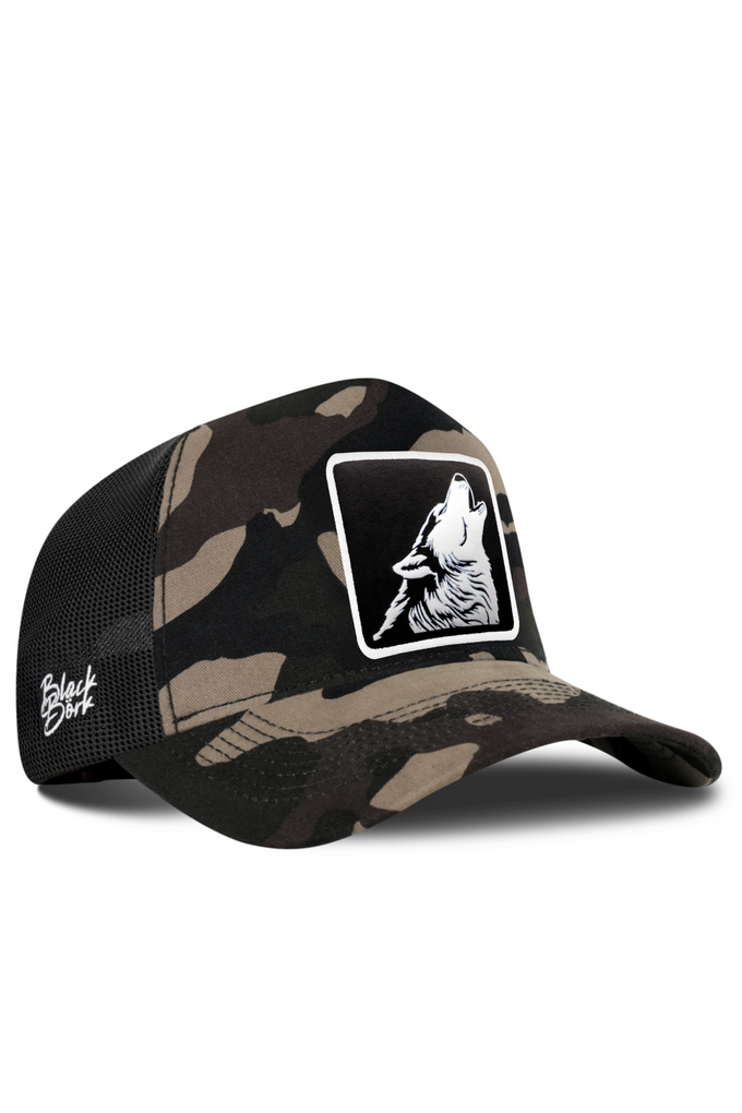 Kurt Logolu Kamuflaj-Siyah Trucker Şapka